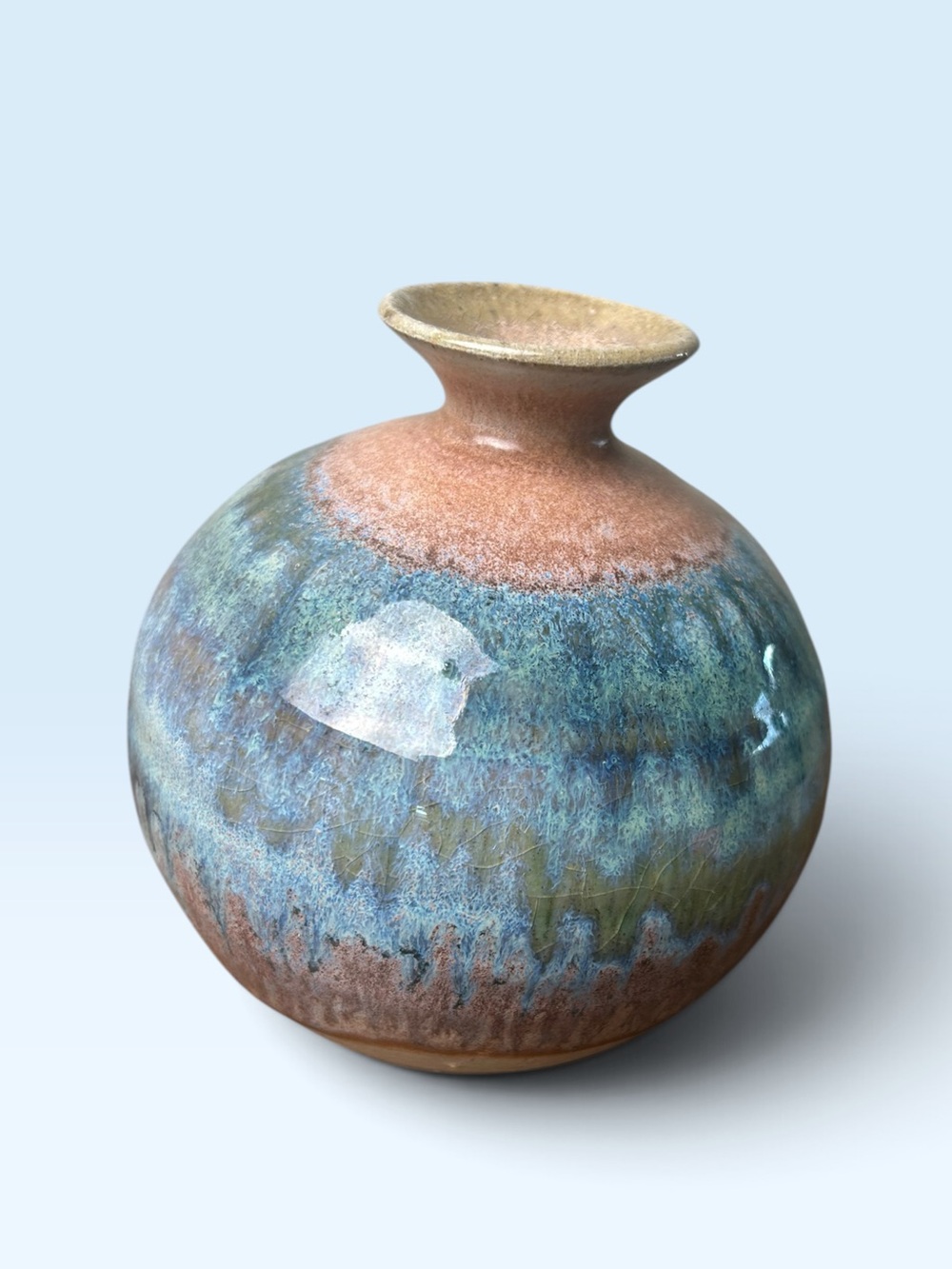 Signed Studio Pottery Round Vase Blue Green Drip Glaze 4.5”
